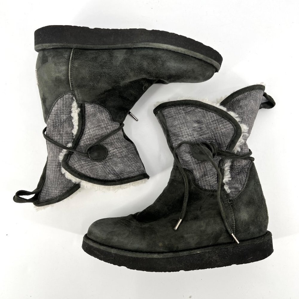 UGG Byanca Gray Suede Leather Sherpa Plaid Foldover‎ Button Boots Size 6 - Picture 5 of 10